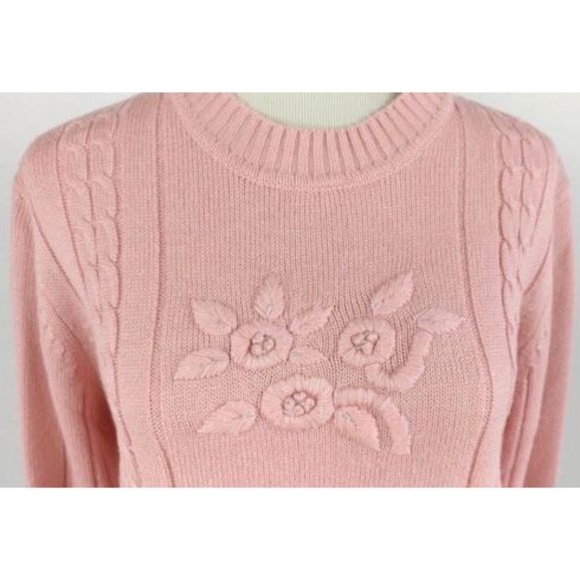 Vintage 90s Pale Pink Sweater Knit Roses Beads M - Picture 2 of 8